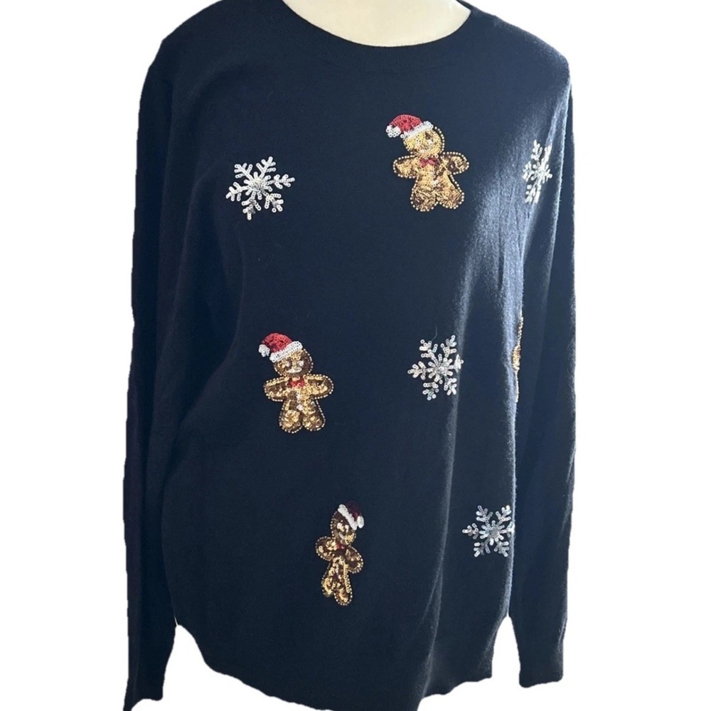 Black Holiday Sweater with Gold Gingerbread Design
